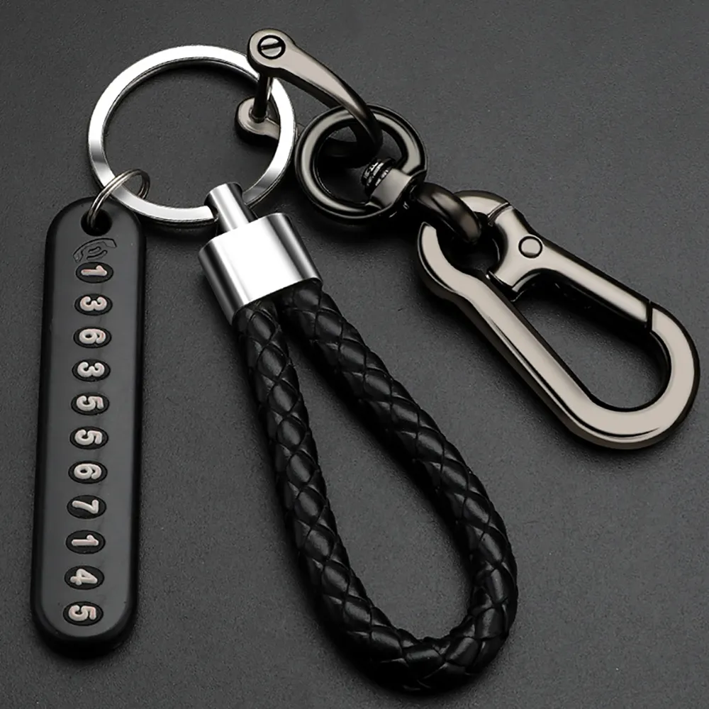 Anti-Lost Car Keychain Telefonnummer Kort Nyckelring Läder Bradied Rope Auto Vehicle Key Chain Holder Tillbehör Keyfob