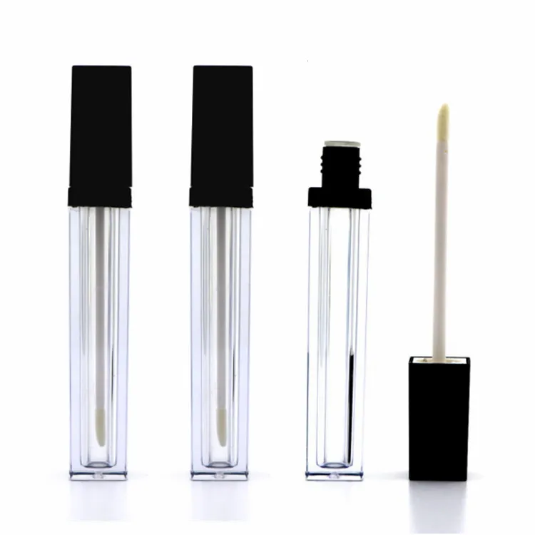 2021 6ml Empty Square Lip Gloss Tube Plastic Clear Lipstick Lip Balm Bottle Container with Lipbrush Black Cover for Travel and Home Use