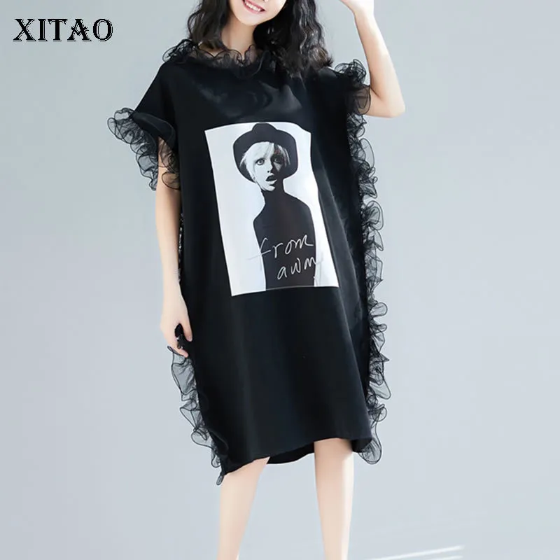 XITAO Women's European Style Ruffled Black T Shirt Dress Loose Fit