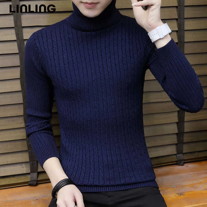 Autumn Winter Men's Turtleneck Sweaters Long Sleeve Slim Solid Warm Casual Sweater Plus Size Korean Brand Knitted Pullovers Tops 211014