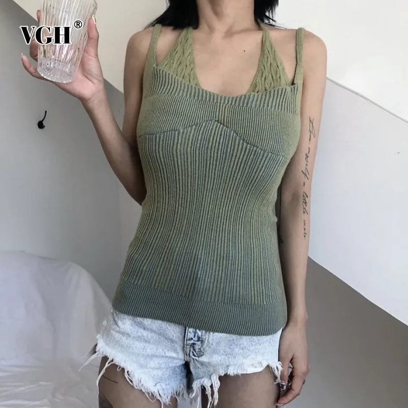 VGH coréen gilet pour femmes licou sans manches taille haute rayé dos nu fronde mince Sexy gilets femme été mode nouveau 210308