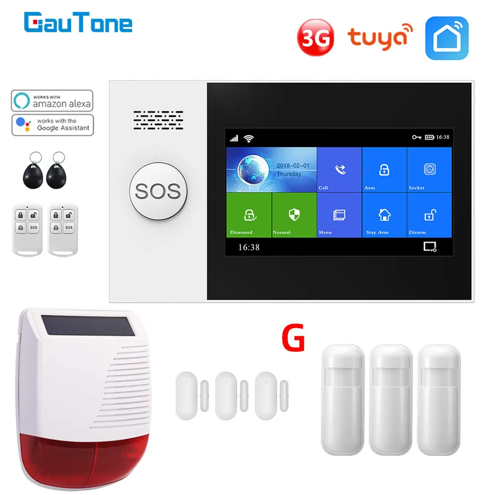 Gautone PG107 WiFi Sistema de alarma 3G Seguridad para el hogar con PIR Wireless Solar Sirven Soporte Tuya Control remoto