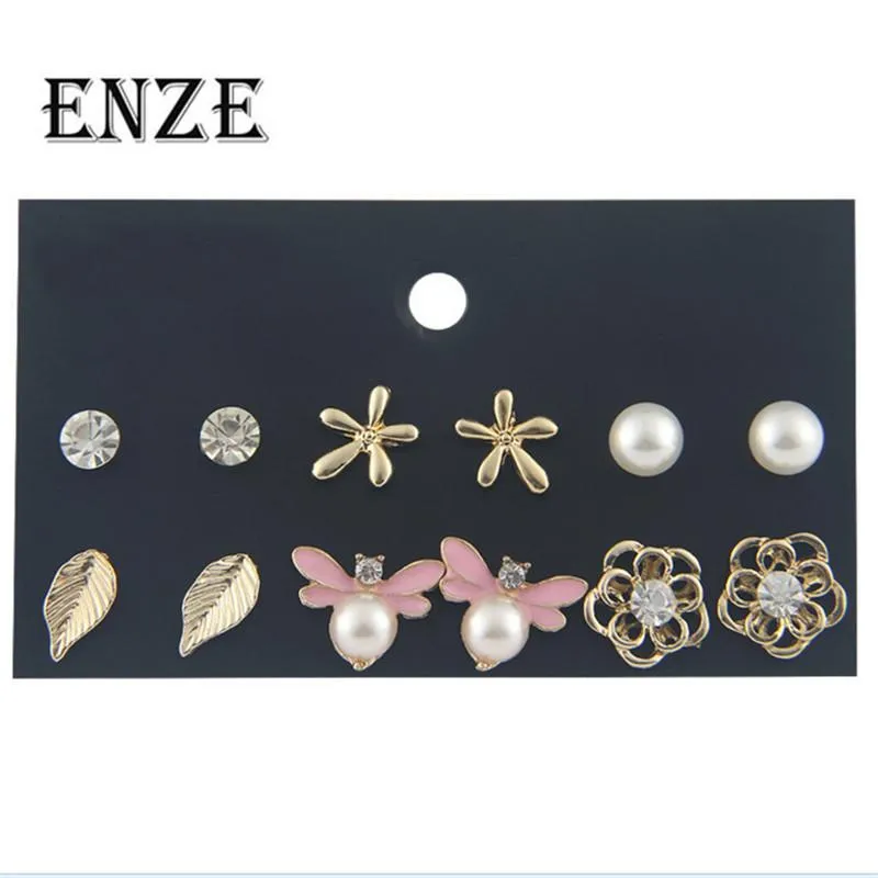 Stud Enze Fashion Women's Sieraden 6 paren / set bloemvormige vlinderdruppel glazuur persoonlijkheidsmeisje gemengde oorbellen
