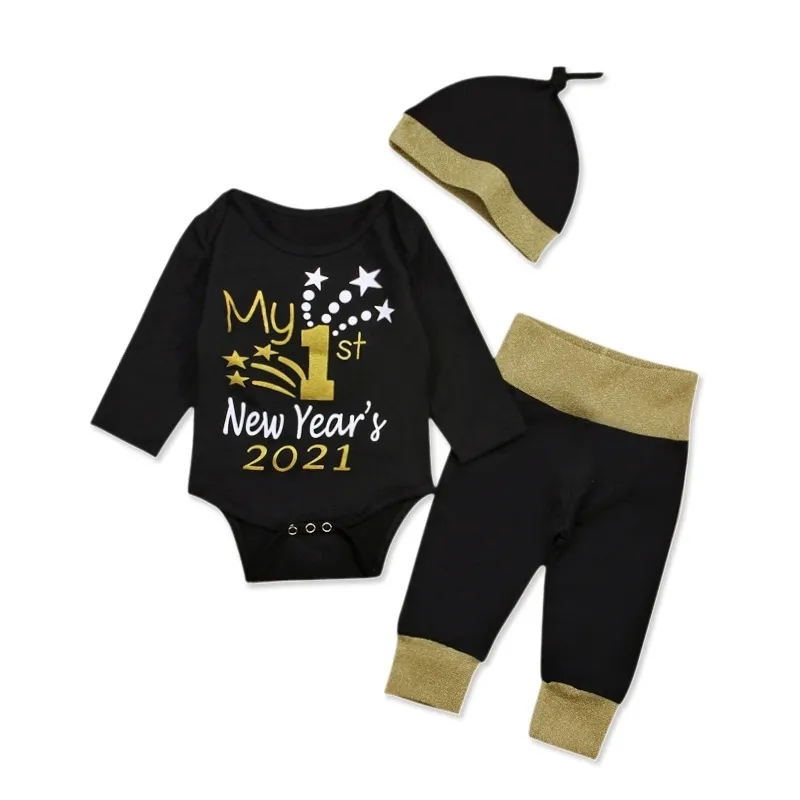 Nouveau-né bébé bébé garçon fille vêtements ensembles 3pcs lettre de printemps imprimée mon 1er nouvel an 2021 à manches longues barboteuse pantalon chapeaux tenue 210309