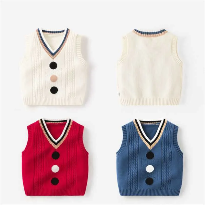 1-8 Years Baby Knitted Vest for Girl Fashion Polka Dot V-neck Sweater 2021 Autumn New Thicken Warm Kids Clothes Boys Outfits Y1024