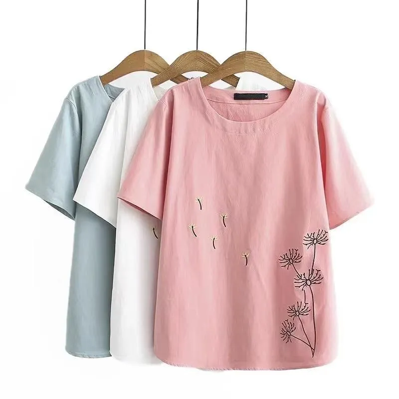 Mulheres Blusas Camisas Verão Blusa Mulheres Tops Algodão Bordado Dandelion Blusas Mujer Plus Size Bluezki Manga Curta Mulher