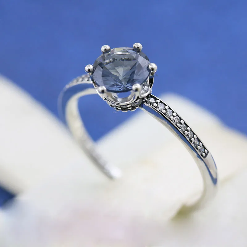 925 Sterling Silver Blue Musing Crown Solitaire CZ Kamienie Pierścień Fit Pandora Styl Biżuteria Zaręczyny Miłośników weselnych Pierścionek dla kobiet