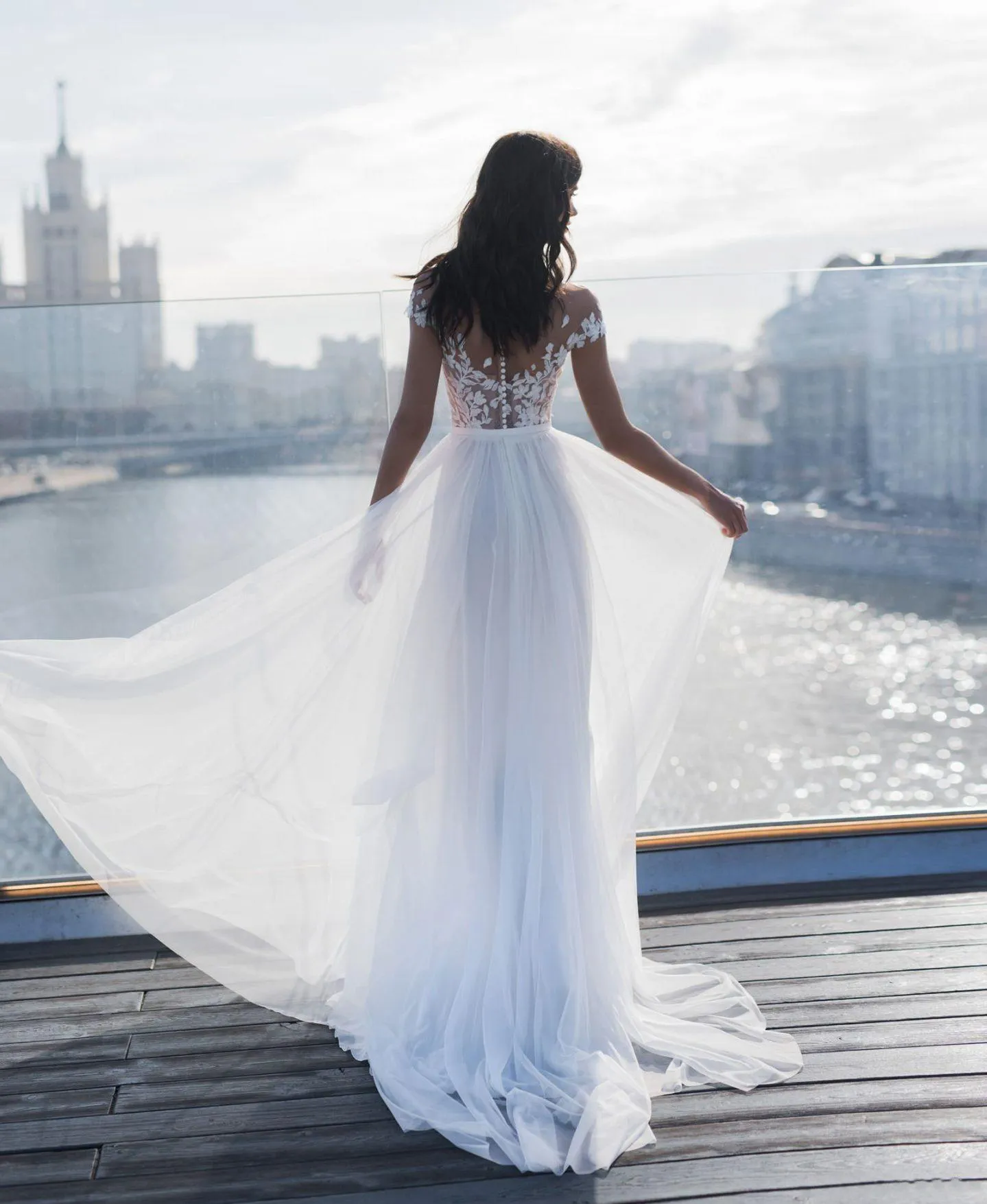 off the shoulder chiffon wedding dress Court Train Beach with Appliques WD220 Wedding Dresses - AmberBride 