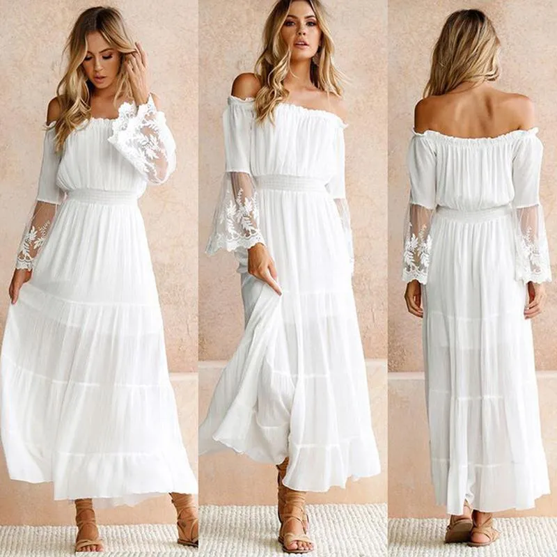 2021 Женщины без бретелек с длинным рукавом свободное белое пляжное платье сексуальное с плеча кружева Boho Maxi платья