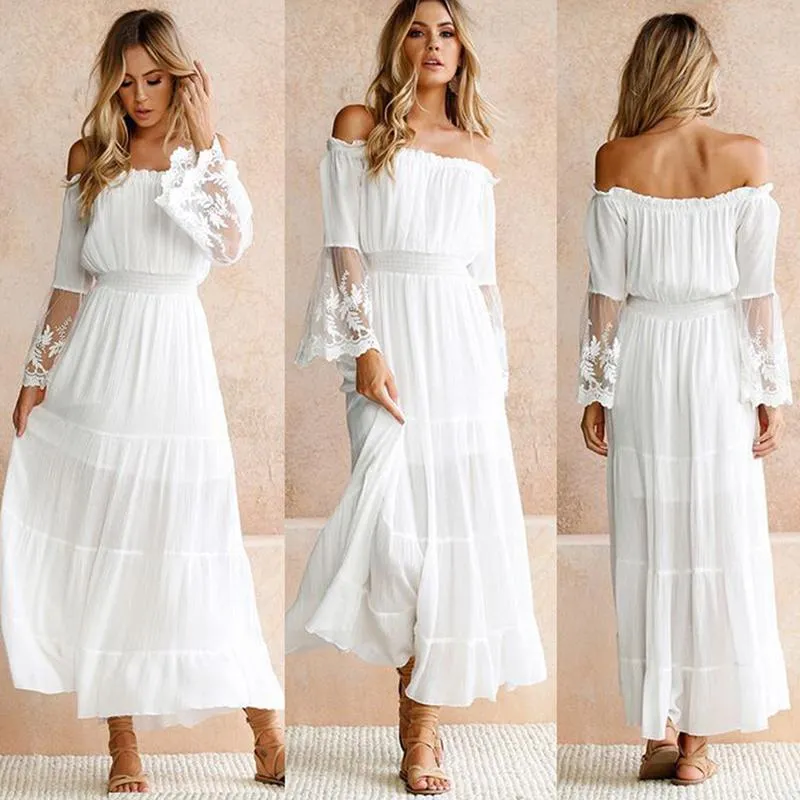 2021 mulheres strapless manga longa solta vestido de praia branco sexy fora do ombro lace boho maxi vestidos