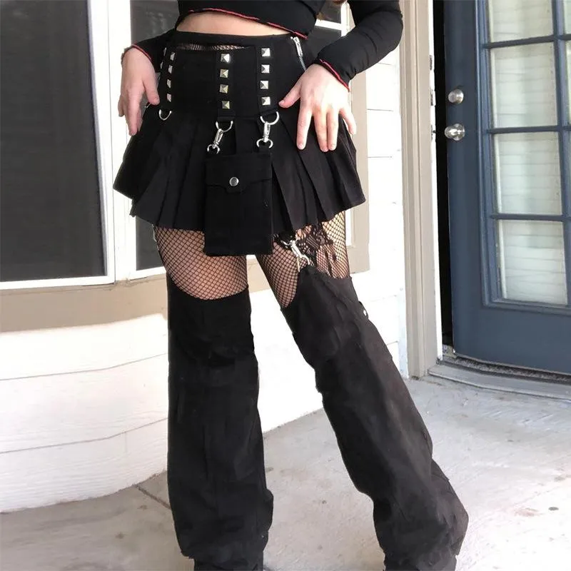 Calças femininas Capris Punk Gothic Mulheres Patchwork Carga Grunge Streetwear Cintura Alta Rebite Zipper Black Perna Largura Plissada Saia Calças E-G
