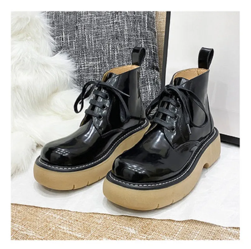 Retro high quality women`s boots leather platform round head strap Joker comfortable 34-42 size B logo custom women`s shoes