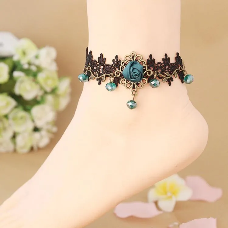 2021 European And American Retro Fashion Foot Chain Beautiful Rose Black Lace Sexy Foot Jewelry Wholesale