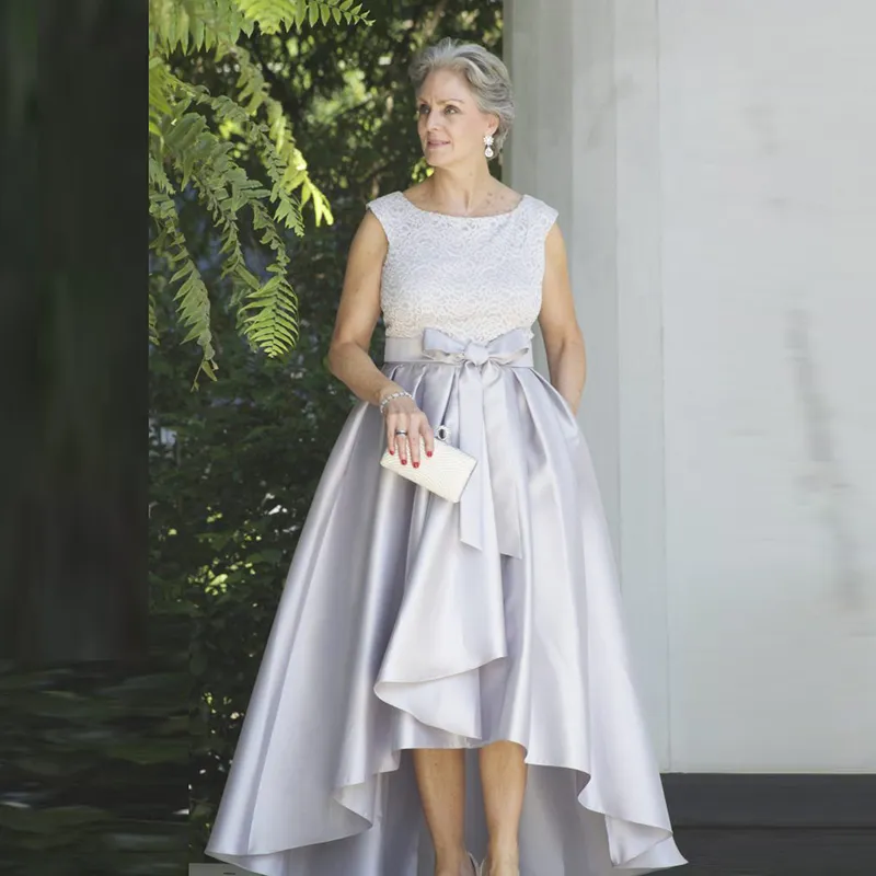 Elegant lila mor av bruden klänningar med fickor A-line hög låg spets satin bröllop gästfest klänning plus storlek billiga kvällsklänningar