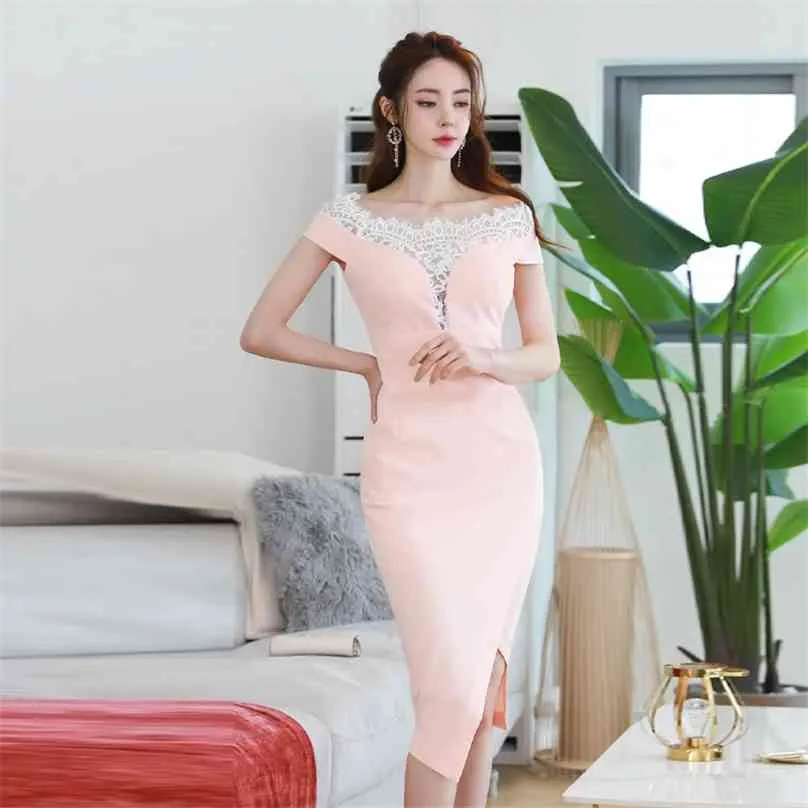 Pink Off Shoulder Tight Dress Korean Ladies Summer Lace Short SLeeve ...