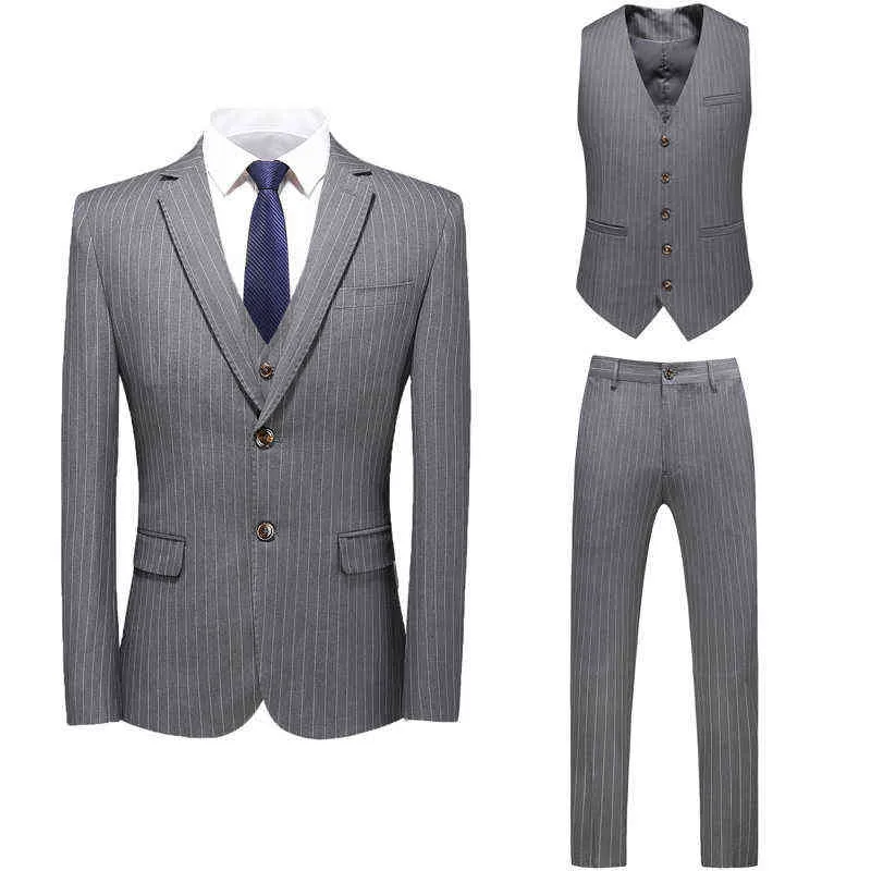 3-bitars kostym män england stil randig kostym uppsättning affärsarbete formell kläder gentleman bröllopsklänning smal passform suit grå svart x0909
