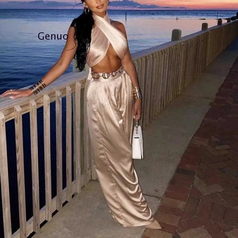 Women Sexy Two Pieces Sets Beachwear Multiways-Wear Solid Color Tube Top Wide-Leg Pants Suit Summer New Beach Suits Y0625