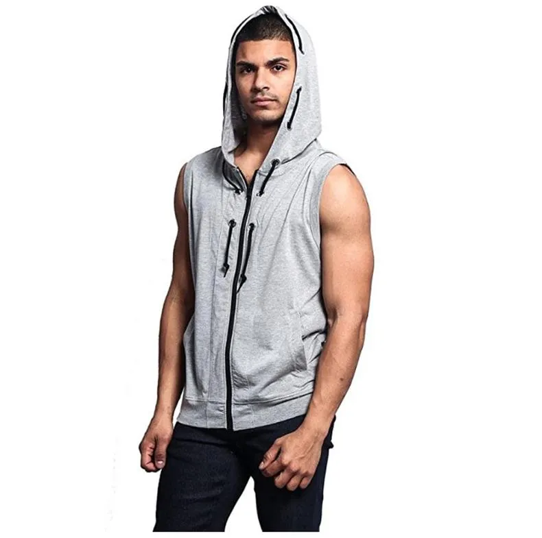 Mäns ärmlös hoodies solid dragkedja cardigan casual sweatshirts lös hoody med dragsko male fitness tank top bomull träna sportkläder xn