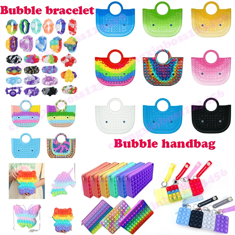 Bubble Fidget Toys Pencil Case Handbag Silicone Stampa Braccialetto DECOMPRESSION Pendente Pendente Push SEMPLICE Dimple Silver Keychain