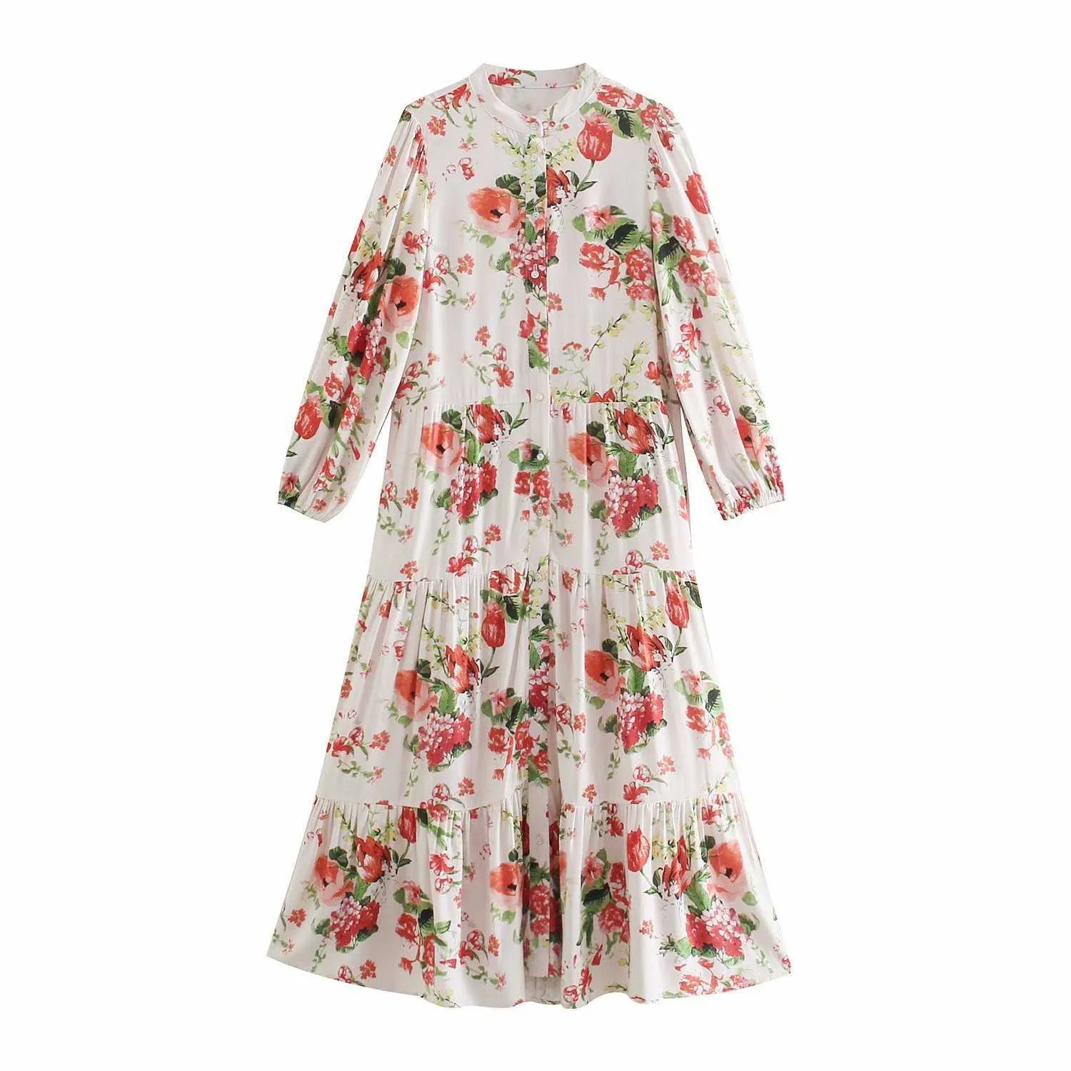 Summer Vintage Floral Printed Dress Women O-neck Three quarters Sleeves Button-up Maxi Boho Shirt Dresses Woman Robe 210709