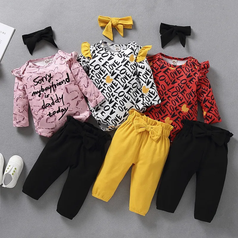 Saint Valentin bébé filles Cothing ensembles à manches longues lettre imprimer haut + pantalon + bandeaux 3 pièces/ensemble Boutiqeu enfants vêtements M3308