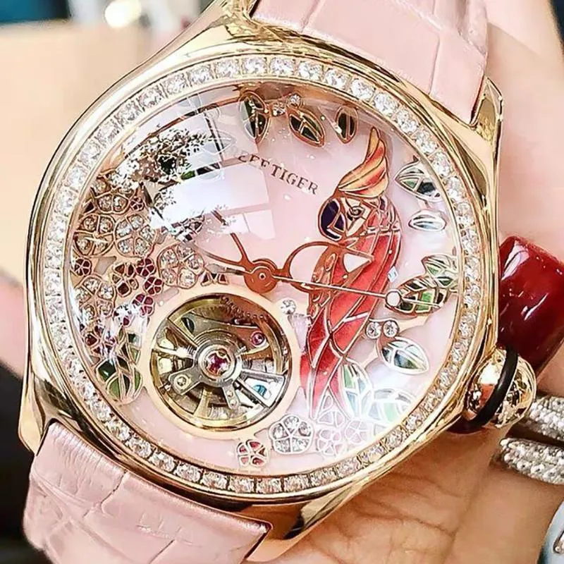 Relojes de pulsera Reef Tiger 2021 diamantes relojes de moda mujer acero correa de cuero genuino automático analógico impermeable RGA7105