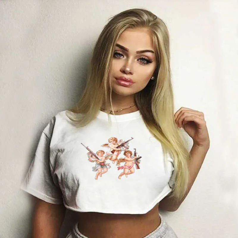 Angel Print Femmes Manches courtes Casual Loose T-shirt Femme Crop Tee Tops courts 2020 Summer Tshirt Streetwear Feminina Camiseta X0628