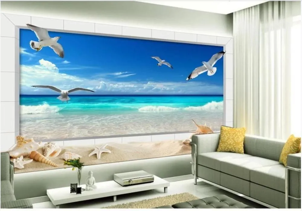 Bakgrundsbilder Custom Po Wallpaper 3D väggmålning för väggar 3 d Fantasi strand Seaside Seagull Vardagsrum TV Bakgrund Väggpapper