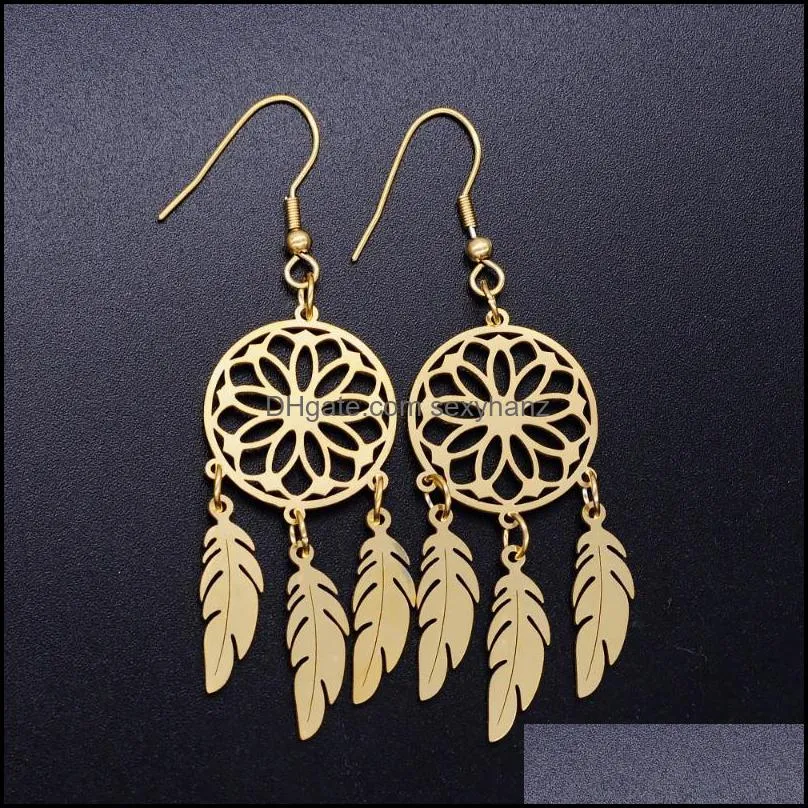 Dangle & Chandelier 100% Stainless Steel Lotus Dreamcatcher Unique Drop Earring For Women Bohemia Jewellery Earrings Wholesale Never