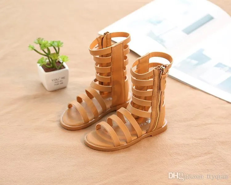 Children Little Girls Summer Rome Long Sandals Boots For Kids Girls Brown Black Hollow Dress Sandals New 1-7years