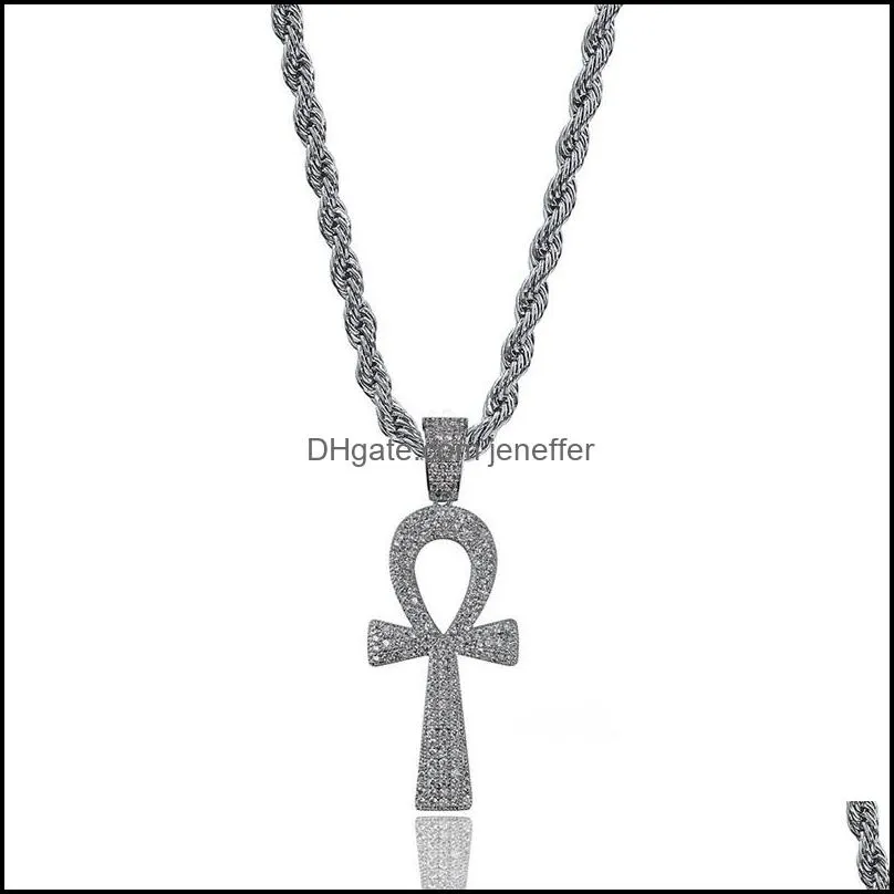 Iced Out Egyptian Ankh Key Pendant Necklace With Chain 2 Colors Fashion Mens Necklace Hip Hop Jewelry Y1220