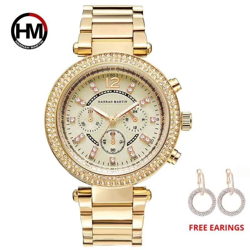 1 Set Dropship Women Rose Gold Top Luxury Brand Quartz Fashion Waterproof Armistwatches Earing Dress Relogio Feminino 210527