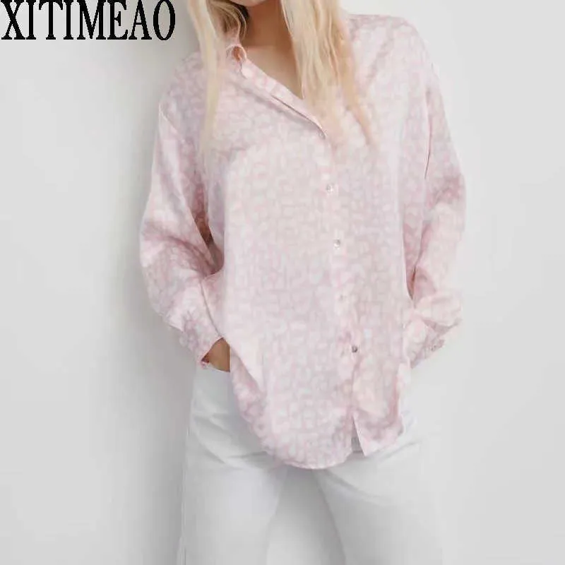 Za primavera outono mulheres retrô impressão estilo simples solto manga comprida rosa camisa casual chique tops xitimeao 210602