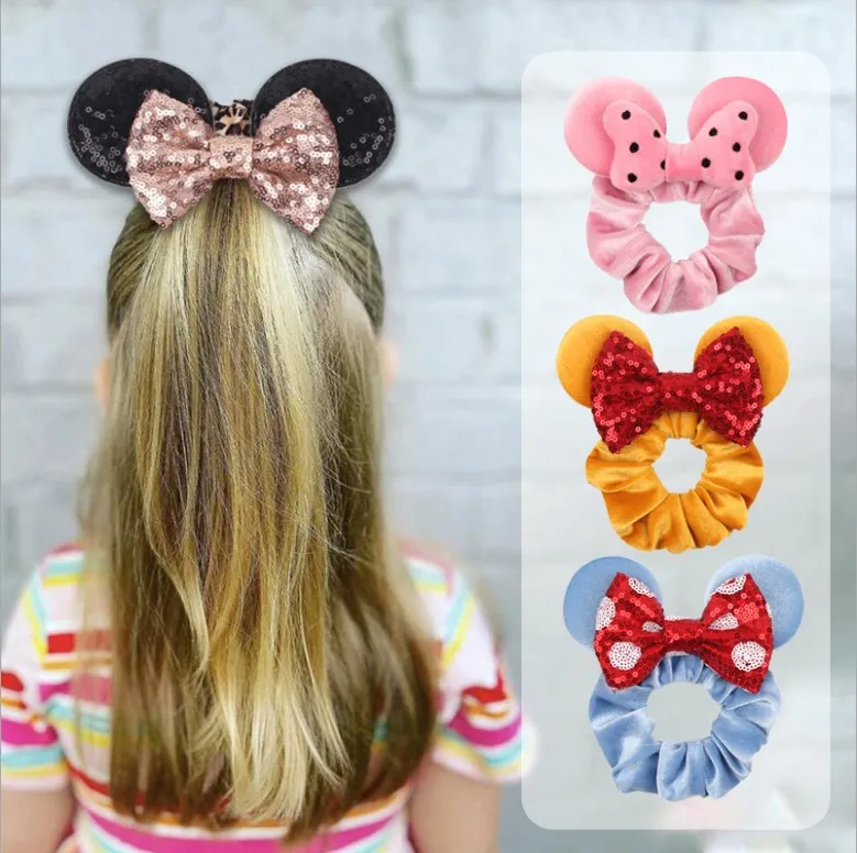 Trendy Mouse Ears Sequins Hair Bow Women Velvet Scrunchies Fashion Waist Hair Bands Pretty Headband For Girls Headwear