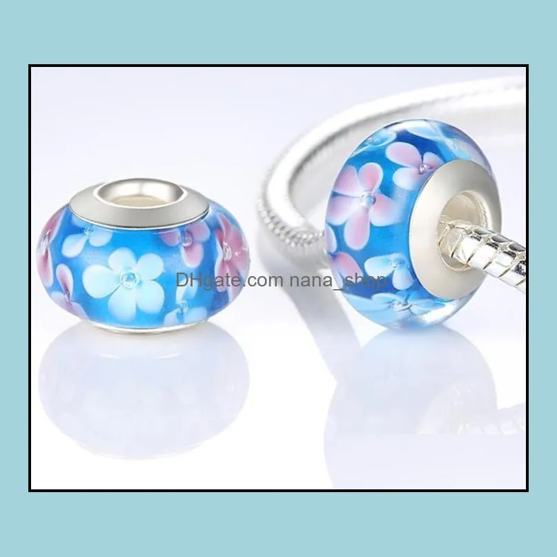 Hot Sale Silver Flower Murano Glass Beads Fit Bracelet Bangles Charms Original European DIY Jewelry Free Shipping