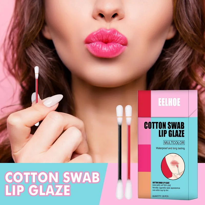 20pcs Cotton Swab Lipsticks,Tattoo Lipstick,Cotton Swab Lip Glaze,Long-Lasting Waterproof Non-Stick Cup,High-Value Makeup Artifact with Gift Box for Girls and Ladies