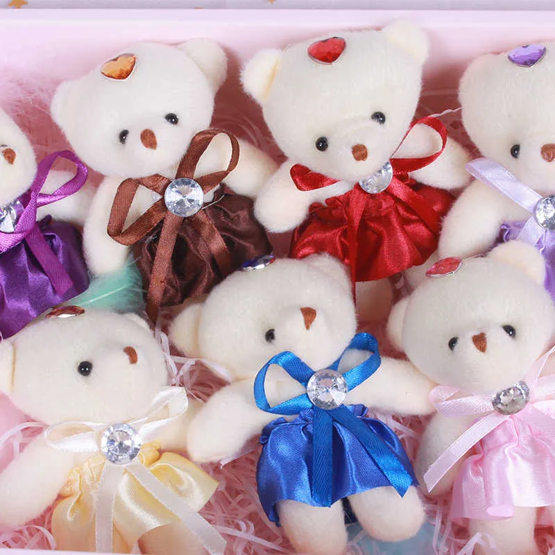 30pcs Small Plush Stuffed Mini Teddy Bear Toys Wedding Flower Bouquet Little Satin Cartoon Key Chain Pendant Party Decoration H0824
