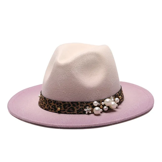 Inverno Fedora Chapéus Para Mulheres Moda Plana Brim Grande Lã de Lã de Jazz Gradiente Chapéu Homens Leopardo Pearl Top Chapéu Vintage