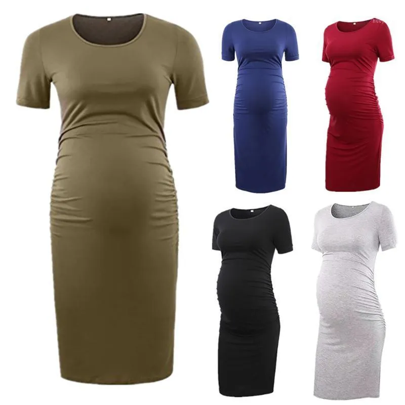 Moderskapsklänningar klänning sida ruched ren färg bodycon casual mamma kort wrap gravida kläder för graviditet kvinnor