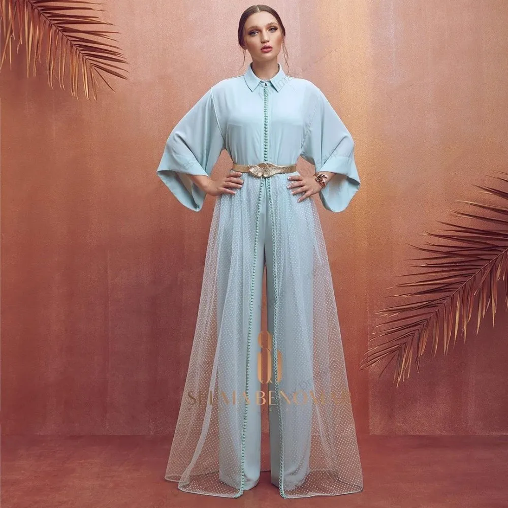 Sky Blue Långärmad Muslim Prom Jumpsuit med Overkirt High Neck Aso Ebi Arabiska Kaftan Caftan Evening Formell Dress Pantsuit