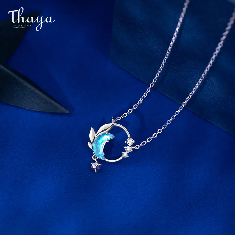 Thaya Reale 925 Argento Neck45cm Mezzaluna Collana Pendente Zirconia Argento Collana Azzurra Per Le Donne Elegante Gioielleria Raffinata Regalo Q0531