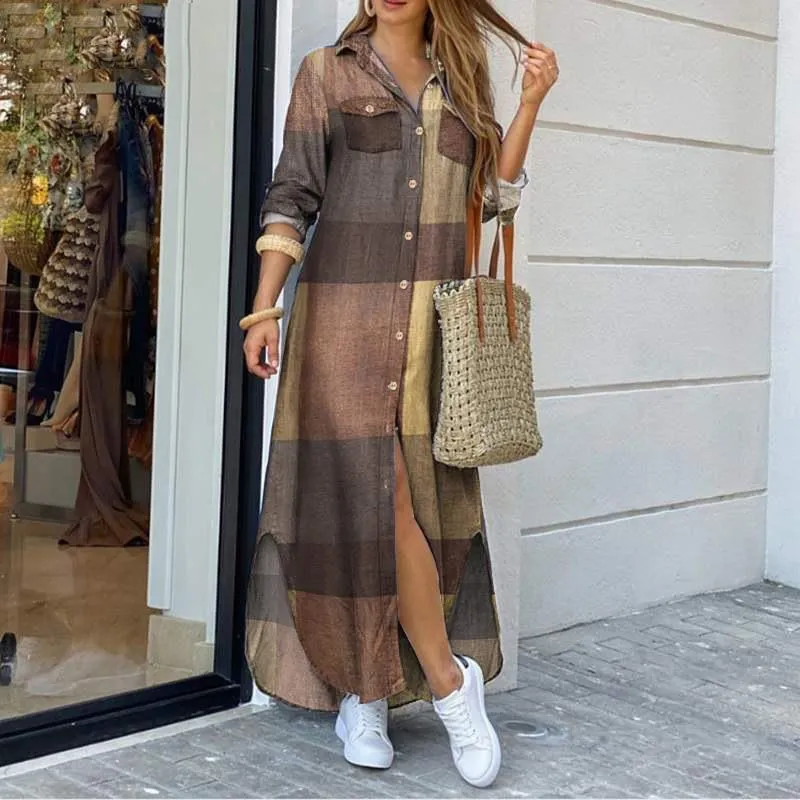 Vestidos casuais mulheres elegante impressão fenda camisa vestido verão lapela pescoço maxi boho botão solto manga longa praia vestidos