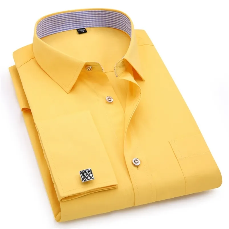 Мужские французские запонки длинные рукава рубашки черный белый синий желтый отворот мужской бизнес платья рубашка подходит свадьба мужская одежда 210714