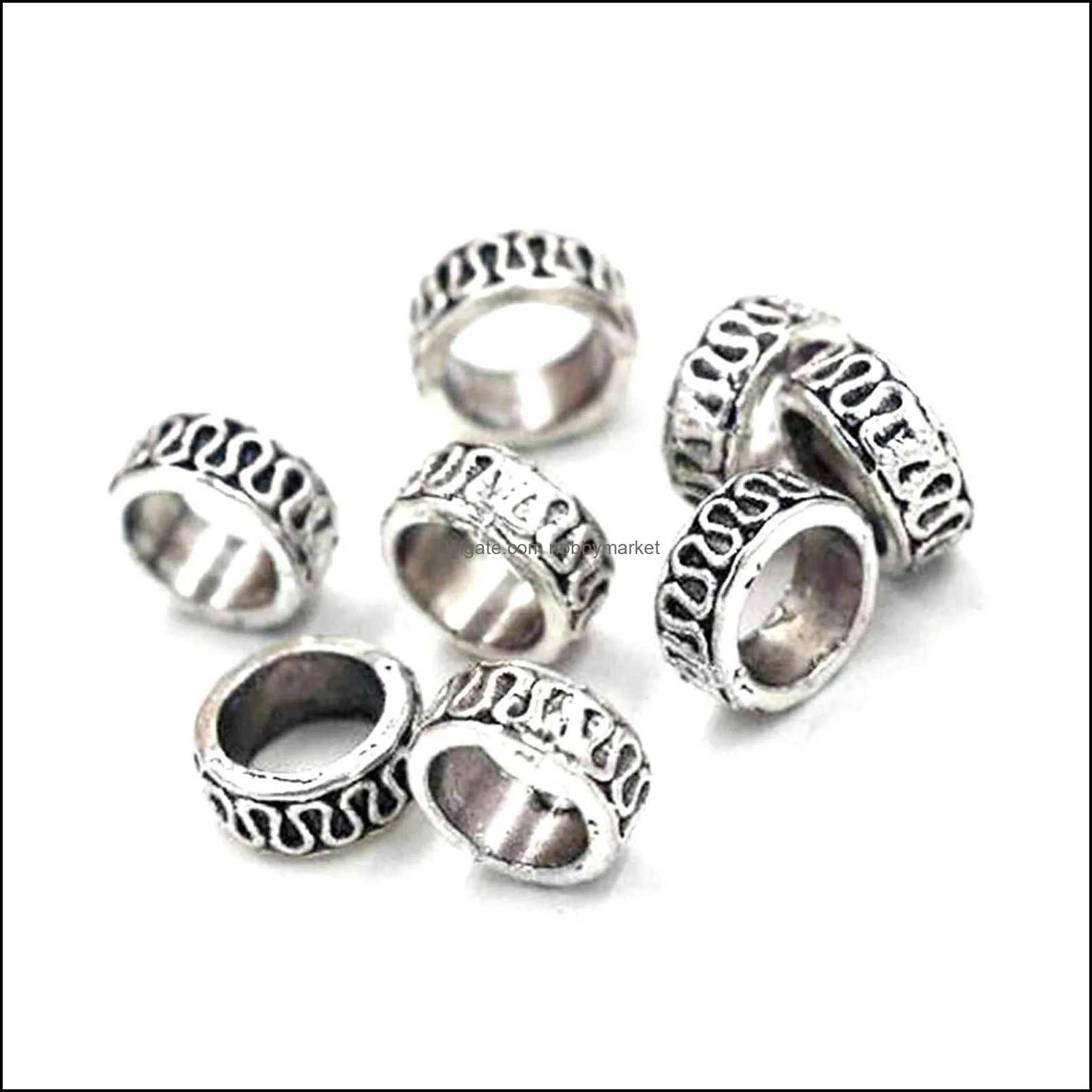 Brand Jewelry Findings 200pcs Antique Silver Alloy Carved Large Hole Spacer Beads For Making Bracelet Necklace DIY Accessories 8*4mm