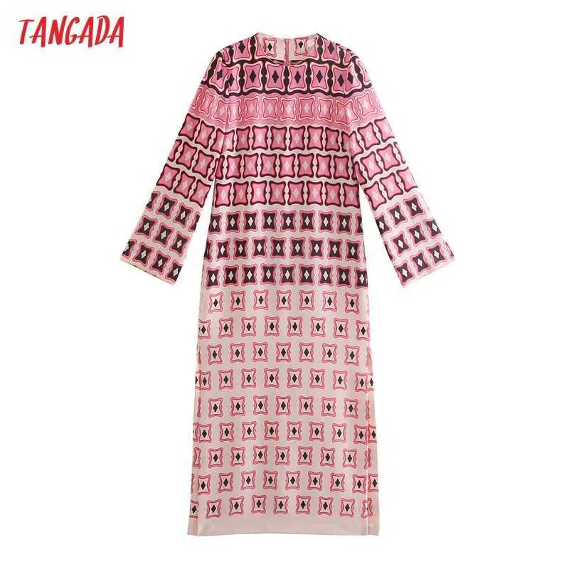 Tangada Mode Femmes Géométrie Imprimer Retour Zipper Robe Vintage Manches Longues Bureau Dames Robe Midi 5Z148 210609