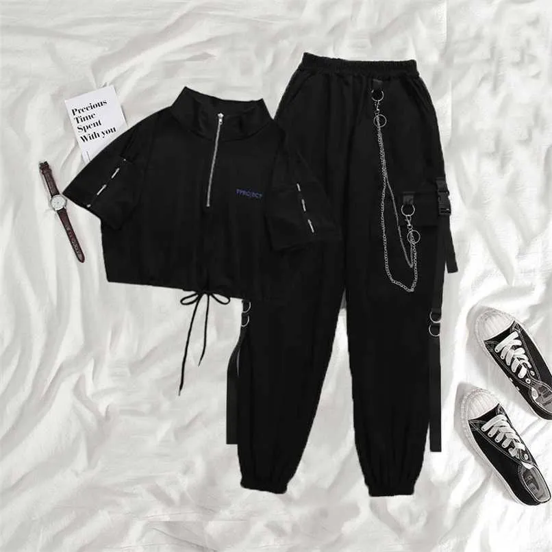 HOUZHOU Gothic Women Black Cargo Pants Harajuku Punk Chain Trousers Female Hip Hop Mall Goth Streetwear Techwear Egirl Grunge 211008