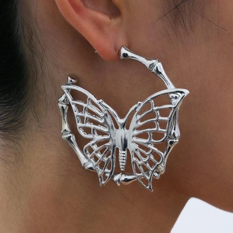 Hip Hop rétro couleur argent exagéré creux papillon boucles d'oreilles femme Punk bambou en forme de C boucle d'oreille femmes bijoux de fête