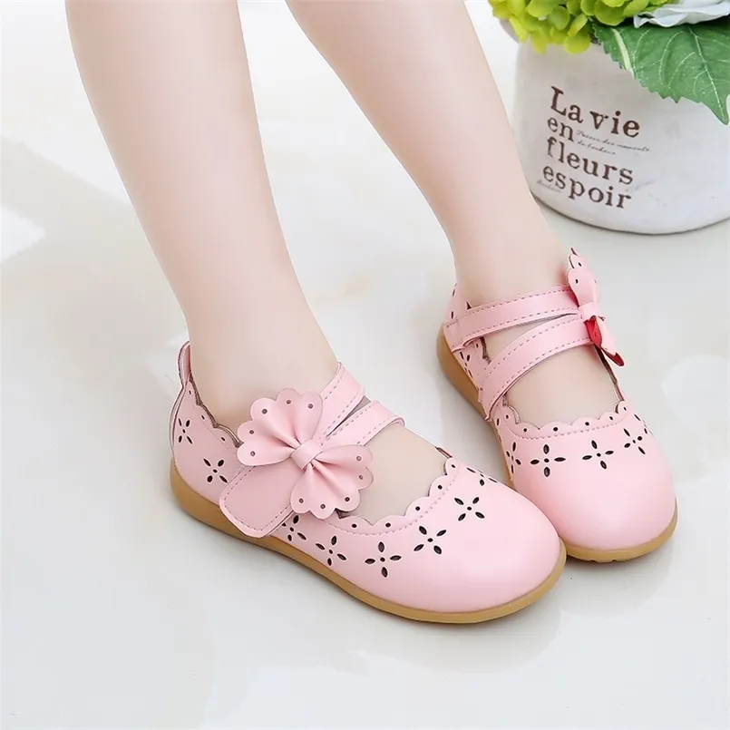 JGVIKOTO Princess Soft Girls Shoes Toddlers Kids Flat Leather Shoes Cut-outs Bow-tie Breathable Fashion Pink White Flats 21-30 210922