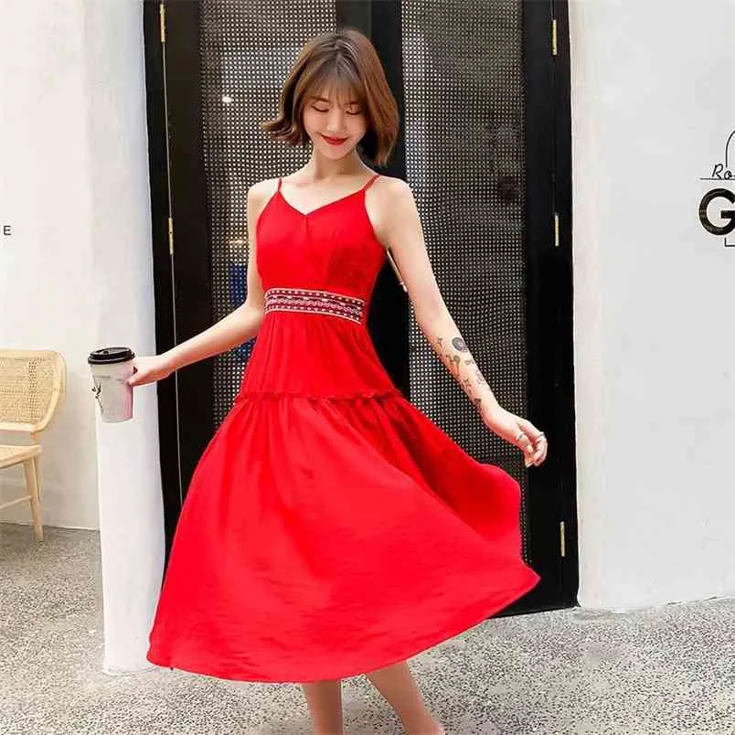 Summer French Women Sexy Suspenders Temperament Sweet Simple Red Dress Casual Thin A-line Big Swing Free 210527