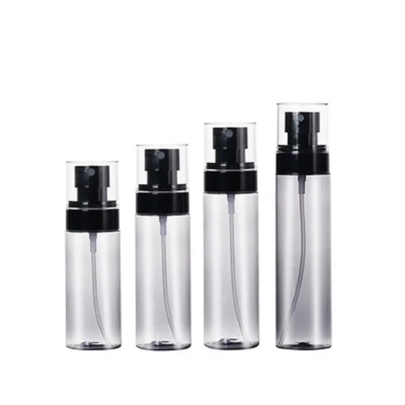 New Refillable Plastic Clear Black Bottle Flat Shoulder PET With Cover Spray Press Pump Empty Portable Cosmetic Packaging Container 60ml 80ml 100ml 120ml